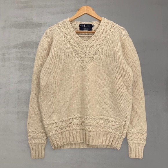 Ralph Lauren Other - Vintage Polo Ralph Lauren Sweater Cream Hand Knit Wool Cable V-Neck Size Medium